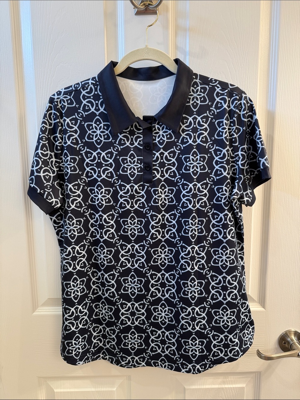 Women’s Navy Blue Polo Top with White Geometric Print